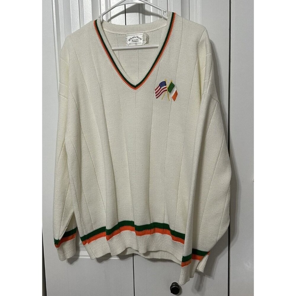 Vintage Whats Next White Acrylic Knit Sweater XL Flag Embroidered USA Ireland